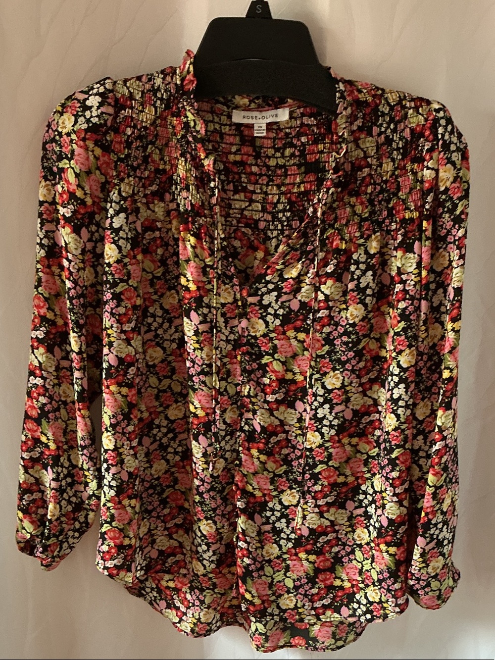 Rose & Olive Black Floral Smocked Yoke Long-Sleeve Blouse